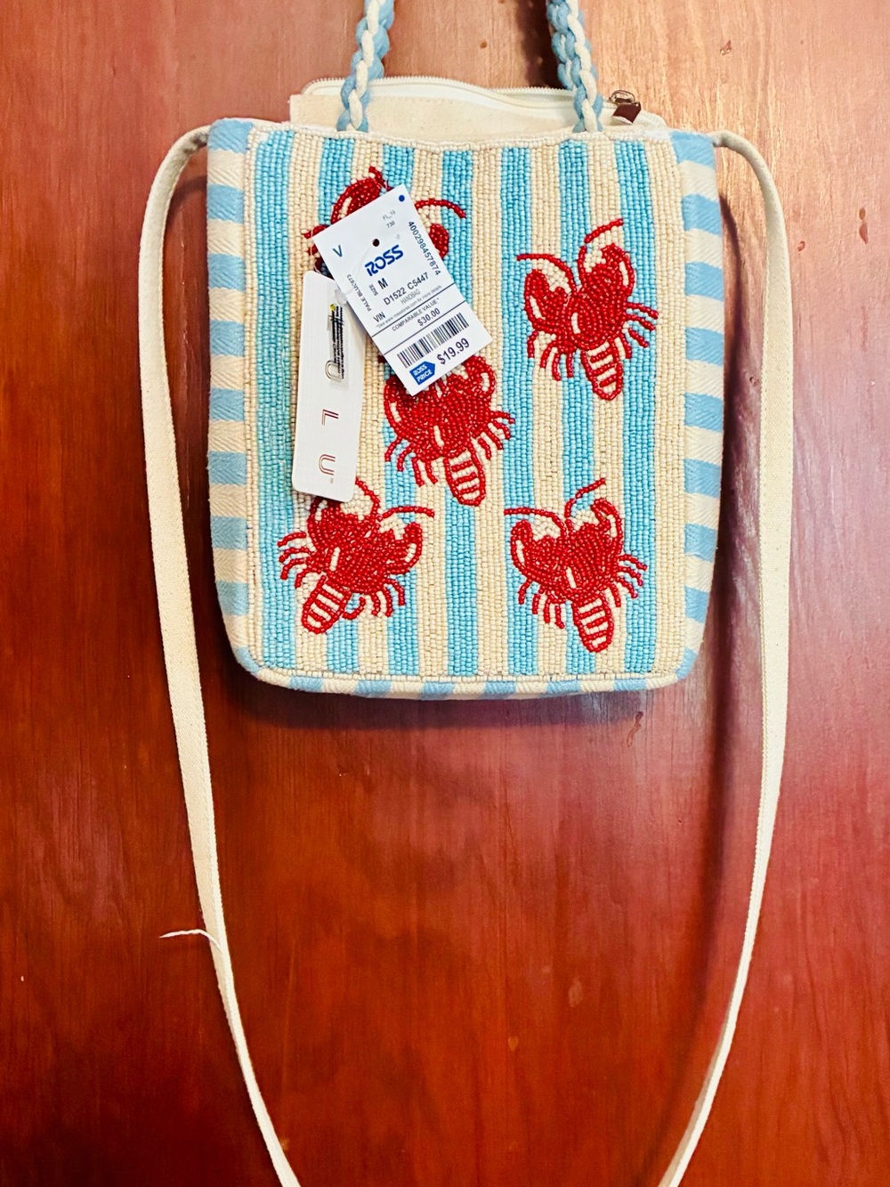 Striped Lobster-Bead Crossbody Bag in Blue, Cream & Red